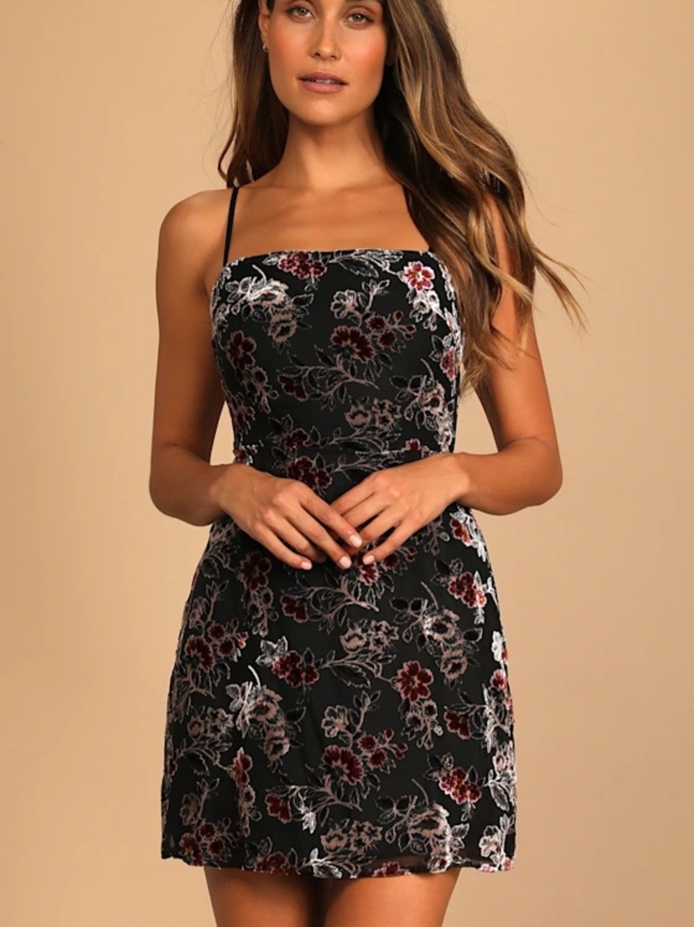 Lush Black Floral Velvet Mini Dress with Burgundy and Cream Accents